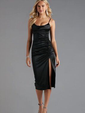 Windsor Black Satin Dress (Small) - Kristen Formal Satin Cowl Neck Midi Dress